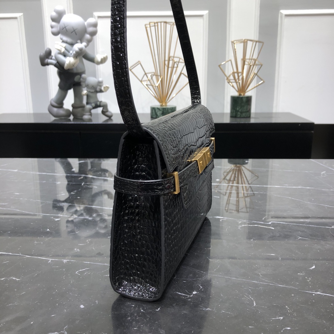 Saint Laurent Small Manhattan Box Crocodile Embossed Calfskin Shoulder Bag Black 675626 